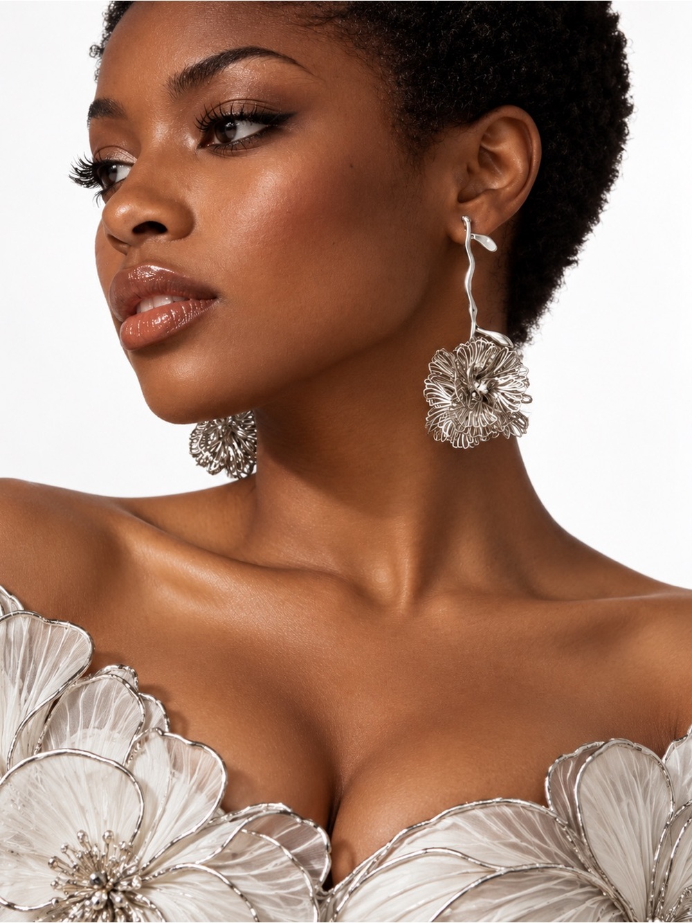 Statement Silver Floral Drop Earrings - Elegant Women Jewelry